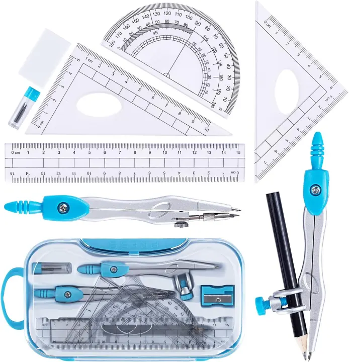 10-Piece Student Geometry Kit with Shatterproof Case — Compass & Rulers