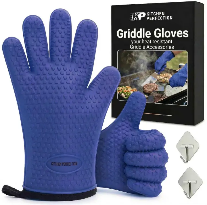 11" Silicone Griddle & Grill Gloves — Heat-Resistant 5-Finger Oven Mitts
