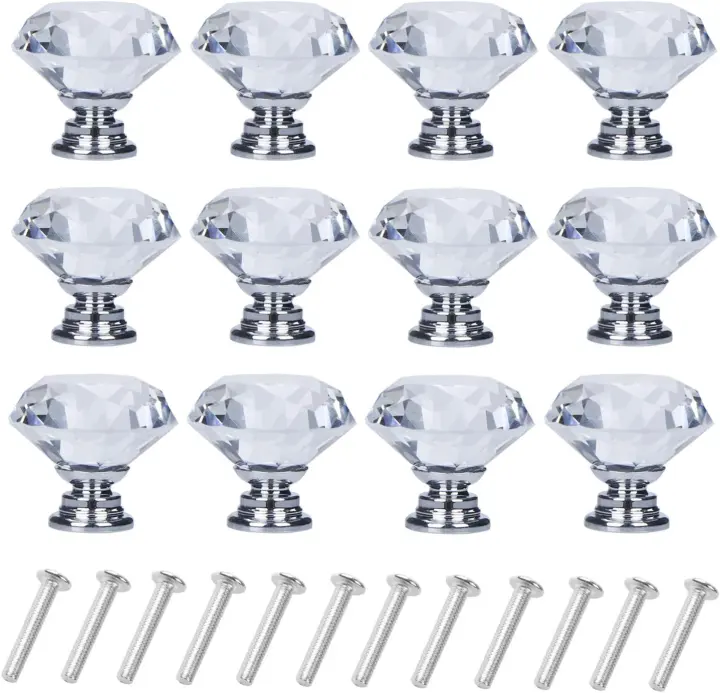 12‑Pack Diamond‑Cut Crystal Drawer Knobs — 30mm Silver Cabinet Pulls