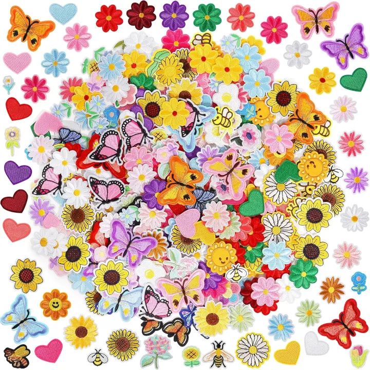 120-Piece Iron-On Flower Patch Set — Assorted Embroidered Appliqués