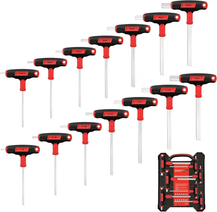 14-Piece T-Handle Hex Key Set — Metric & SAE Long-Arm Hex Wrenches