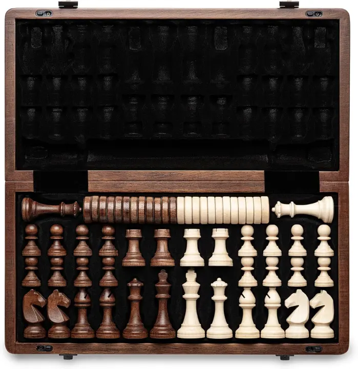 15-inch Wooden Magnetic Chess & Checkers Set (3-inch King) — Foldable Travel Game