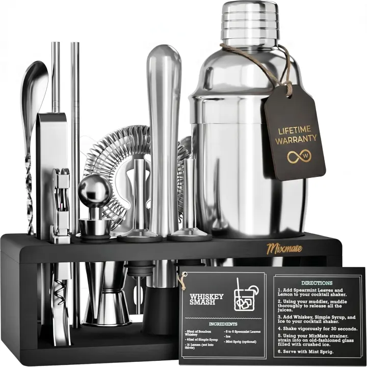 15-Piece Bartender Kit with Wooden Stand — Cocktail Shaker Set
