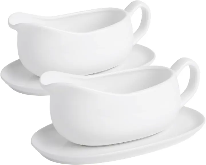 17 oz Ceramic Gravy Boat with Saucer — 2-Pack Porcelain Sauce Servers