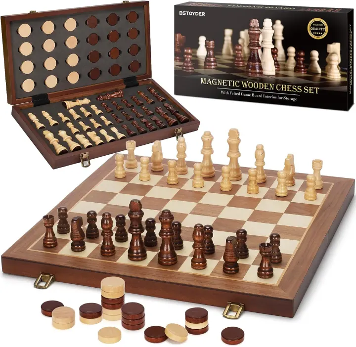 2-in-1 Folding Magnetic Wooden Chess & Checkers Set — 15-inch