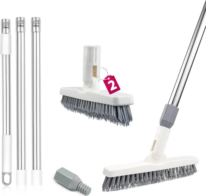 2-Pack Grout Scrub Brushes with Extendable Handle — Long-Handle Tile Cleaner