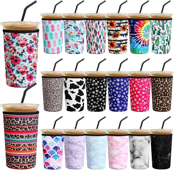 20-Pack Neoprene Reusable Iced Coffee Cup Sleeves — Assorted Designs