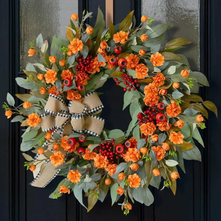24-Inch Autumn Harvest Front Door Wreath with Bow & Berries