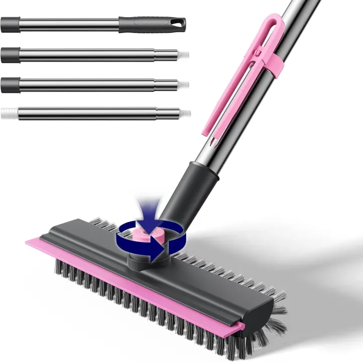 3-in-1 Adjustable Floor Scrub Brush with Long Handle — Pink 360° Head