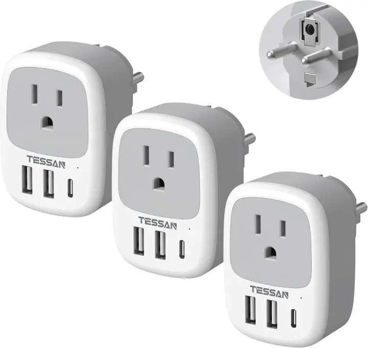 3-Pack Type E/F Travel Plug Adapter with USB Ports