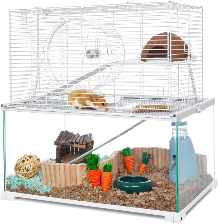3-Tier Large Glass Hamster Cage with Wire Topper, Shelves & Ramps