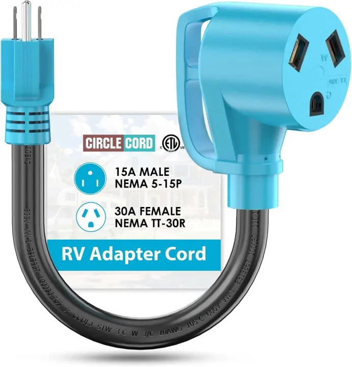 30A-to-15A RV Adapter Cord with Grip Handle — 12-inch Blue Pigtail