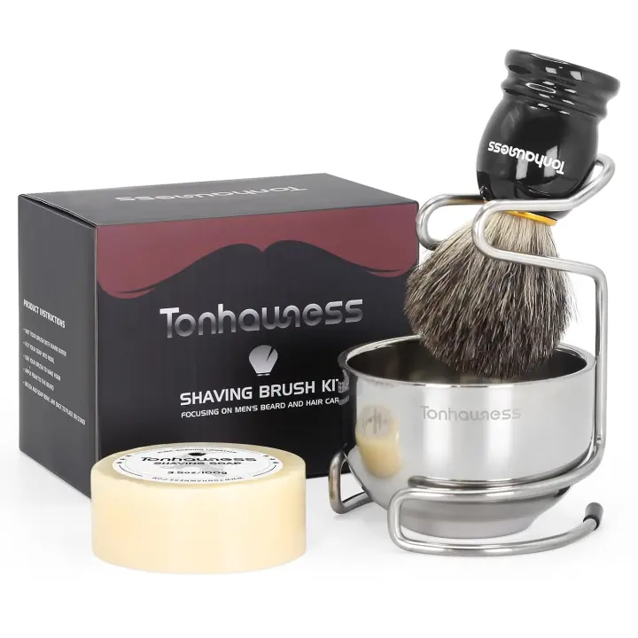 4-in-1 Men's Shaving Brush Kit — Badger Brush, Steel Bowl & Stand, Goat Milk Soap