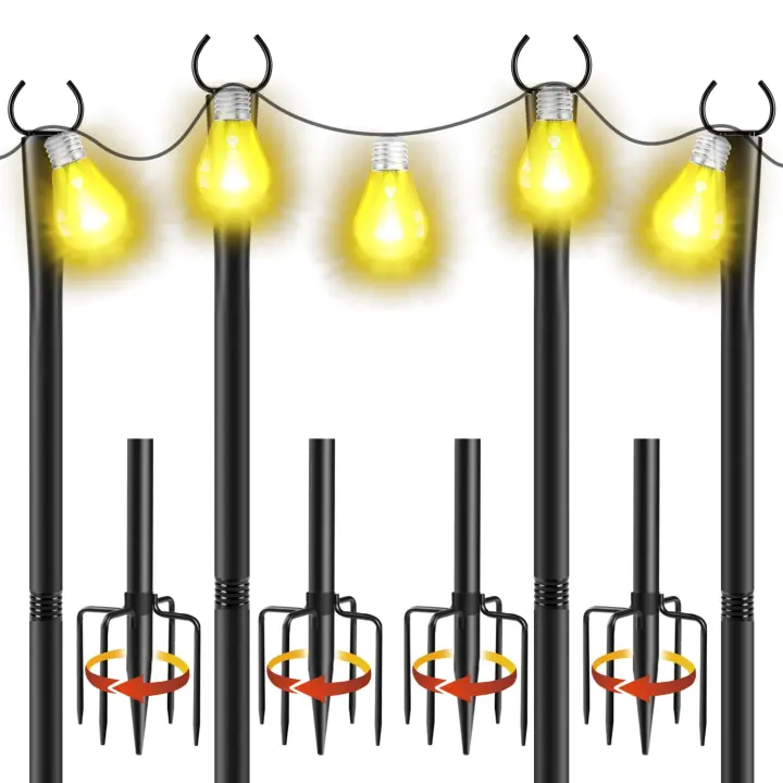 4-Pack 10ft Metal String Light Poles with Fork Bases & Rail Clamps