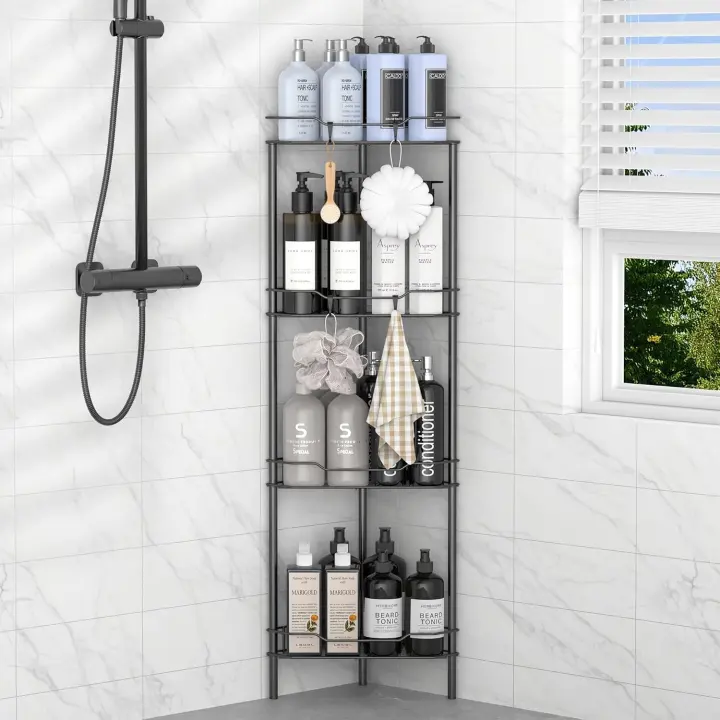 4-Tier Floor-Standing Corner Shower Caddy Organizer — Black