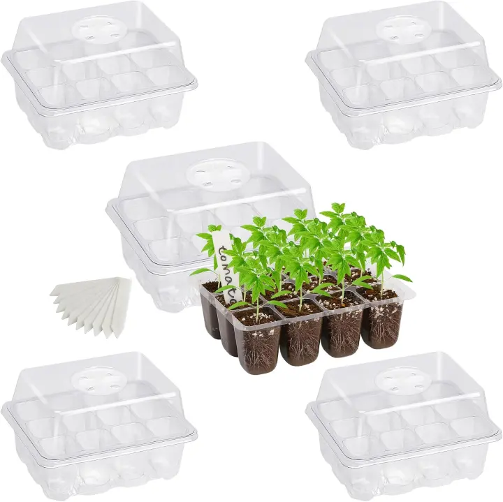 5-Pack Clear Seed Starter Trays with Humidity Domes — 12-Cell Kit