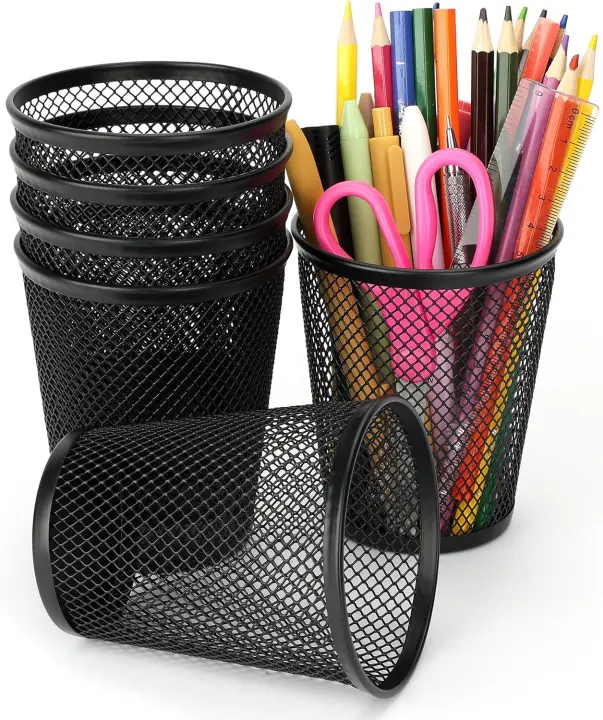 6-Pack Mesh Desk Organizer Cups — Metal Pen & Pencil Holders