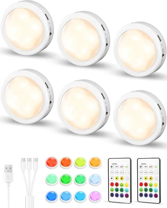 6-Pack Rechargeable RGB Puck Lights with Remote — Mini Tap Lights