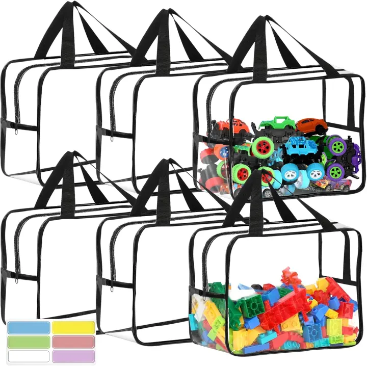 6-Pack XL Clear Toy Storage Bags with Zipper, Handles & Labels