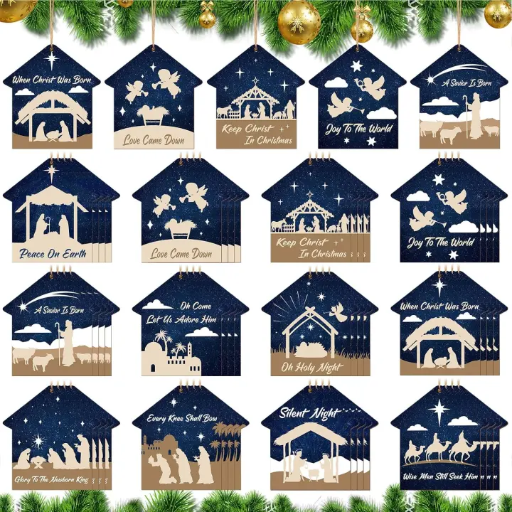 60-Piece Wooden Nativity Ornaments Set — Hanging Christmas Decor