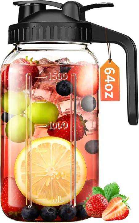 64 oz Mason Jar Pitcher with Lid — Airtight Glass Beverage Pitcher
