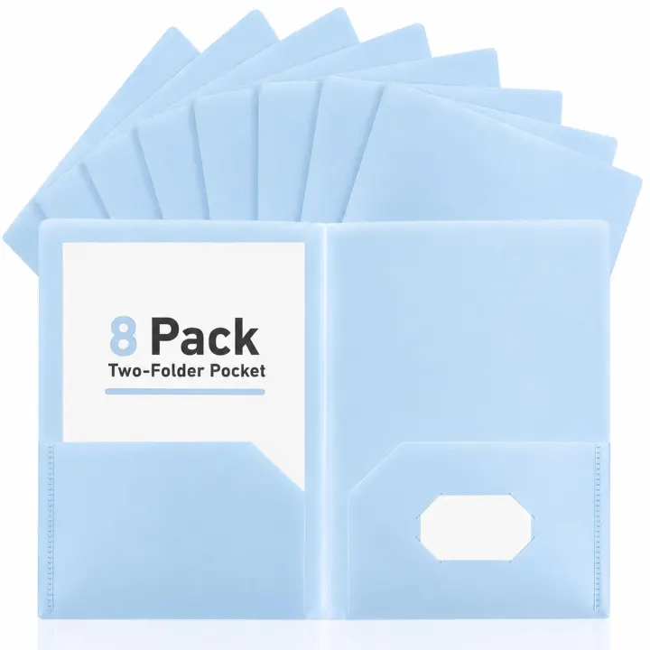 8-Pack Blue Plastic Pocket Folders — Letter-Size with Card Slot