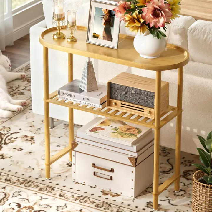 Bamboo Narrow Entryway Console Table 30.7" Oval Top, 2-Tier