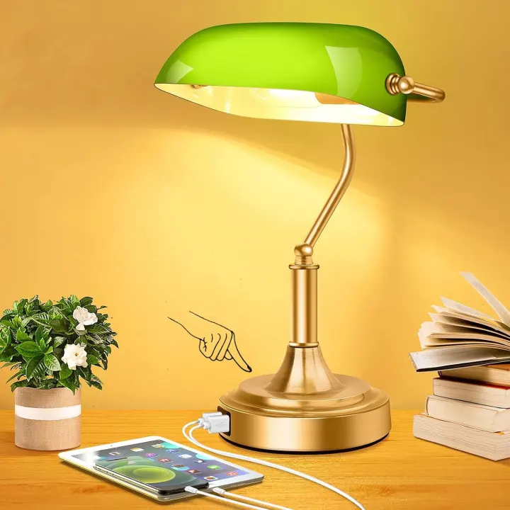 Bankers Desk Lamp — Green Glass, Brass Base, 2 USB, 3-Level Touch Dimmer