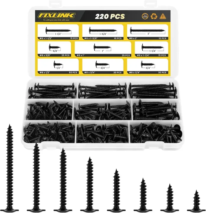 Black Truss-Head Wood Screw Assortment — #8, 220-Piece Kit