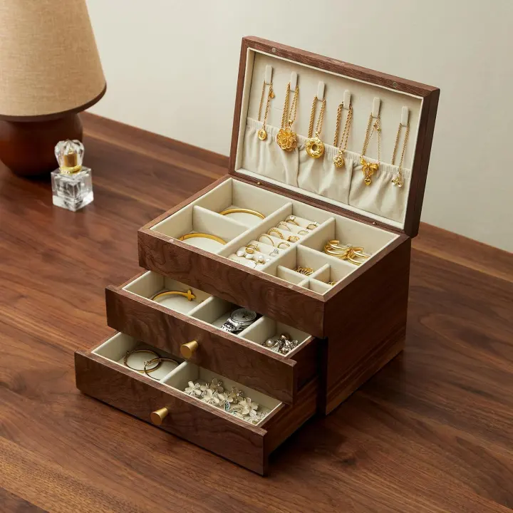 Black Walnut 3-Tier Wooden Jewelry Box Organizer