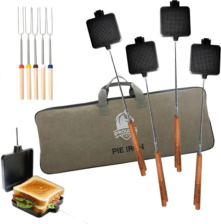 Campfire Pie Iron Set — Large 4.9" Cast-Iron Sandwich Makers (4-Pack)
