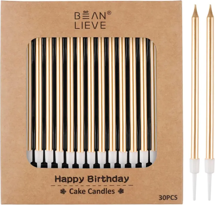 Champagne-Gold Long Thin Tapered Birthday Cake Candles — 30 Count