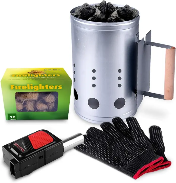 Charcoal Chimney Starter Kit — Blower, Fire Cubes & Mitts (11.5x7)