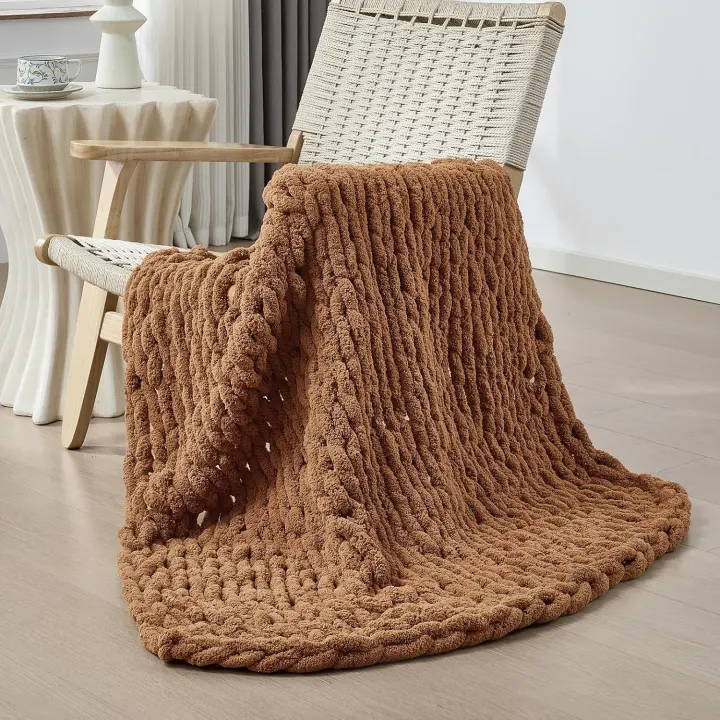 Chunky Knit Throw Blanket — Hand‑Knit Chenille, 40 x 40 in, Caramel