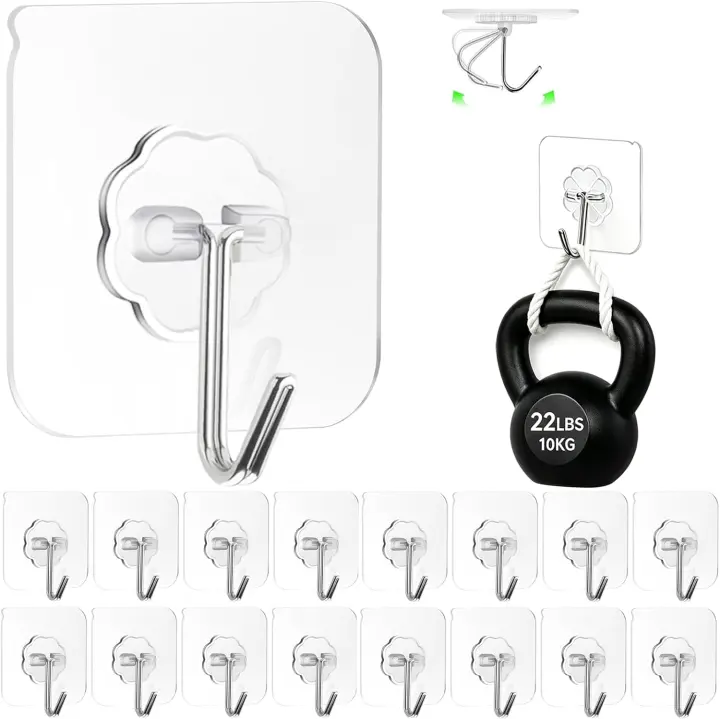 Clear Adhesive Wall Hooks — 16-Pack Heavy-Duty Stainless Steel