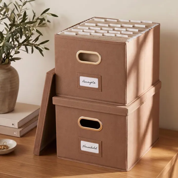 Collapsible Linen File Organizer Boxes — Set of 2 Decorative Filing Cabinets
