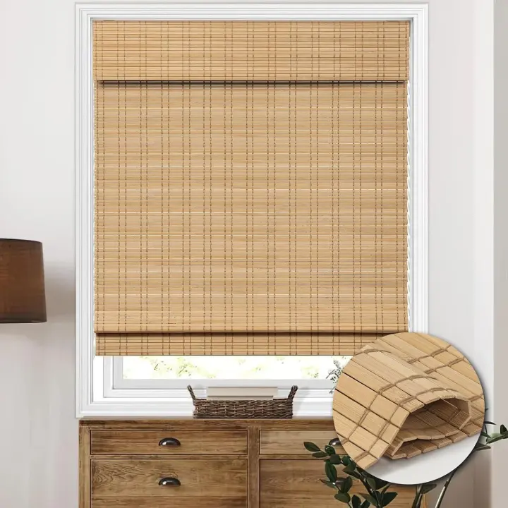 Cordless Bamboo Roman Shades — Semi-Privacy, Natural, 34in x 64in