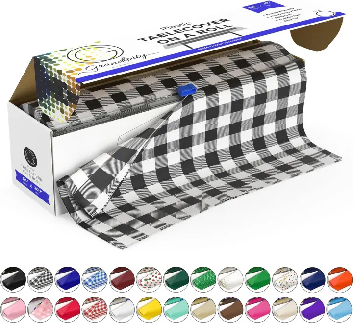 Disposable Plastic Tablecloth Roll 54in x 300ft — Gingham with Cutter