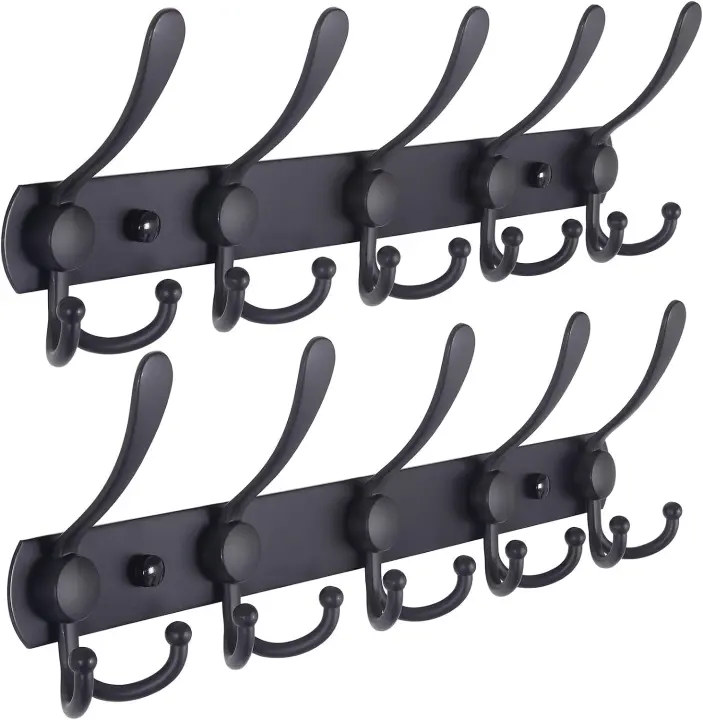 Dseap Wall-Mounted Coat Rack — 5 Tri-Hook Stainless Steel, Black (2-Pack)
