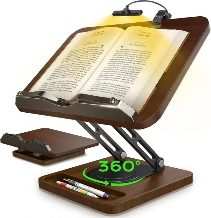 Ergonomic Book Stand with LED Light, 360° Swivel & Page Clips
