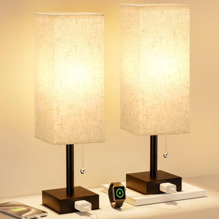 Fenmzee Pair of Bedside Table Lamps with Outlet & LED Bulbs
