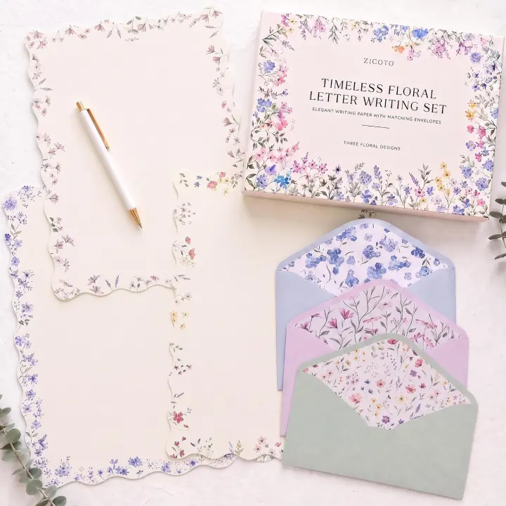 Floral Scalloped Letter Paper & Envelope Set — 66-Piece Stationery