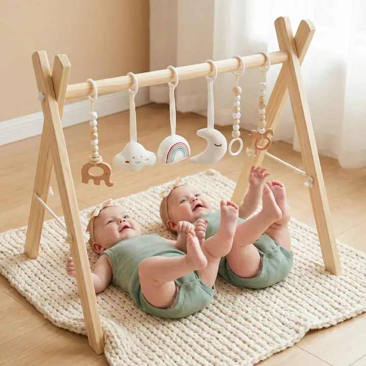 Foldable Pine Wooden Baby Gym with 6 Sensory Hanging Toys