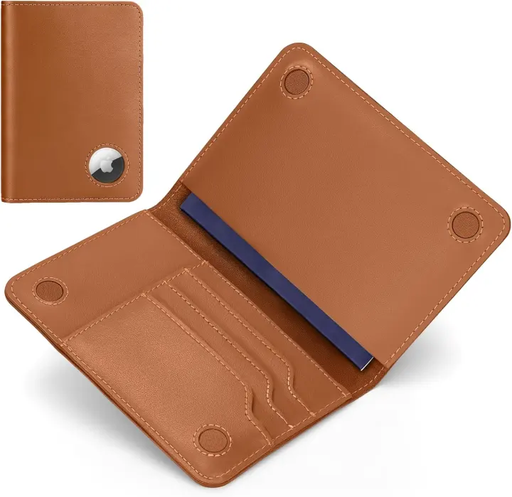 Genuine Leather RFID Passport Holder with AirTag Pocket