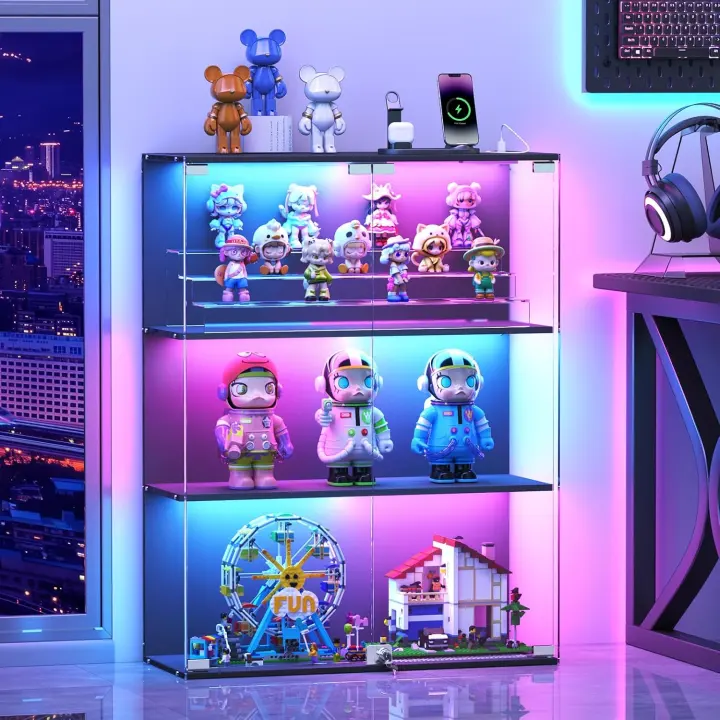 Glass Display Cabinet with RGB LEDs — Full-View 3-Tier Showcase