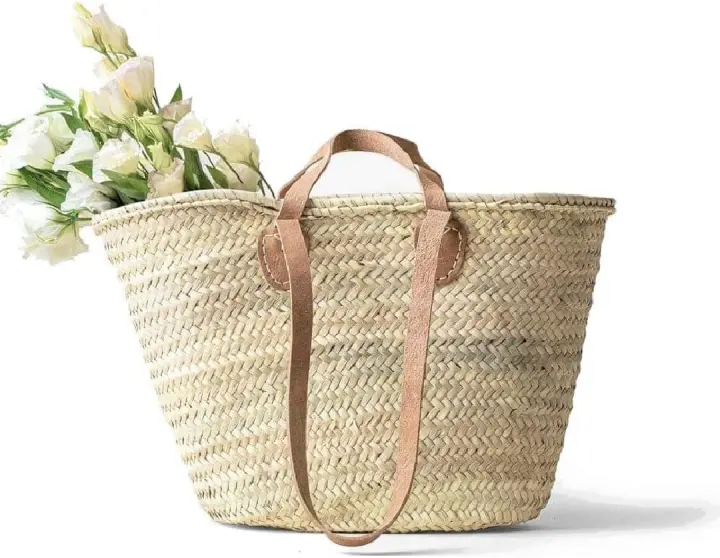 Handwoven French Market Basket — Double Flat Leather Handles (Large)