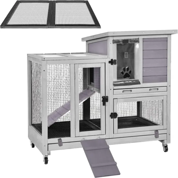 Indoor Rabbit Hutch with Wire Floor, Removable Trays & Casters