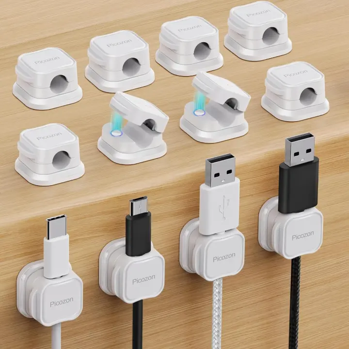 Magnetic Cable Clips — 12-Pack Adhesive Cord Holders for Desk & Car