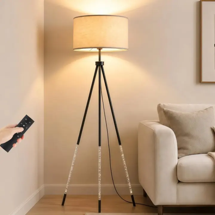 Modern Metal Tripod Floor Lamp with Remote and 16.5" Linen Shade
