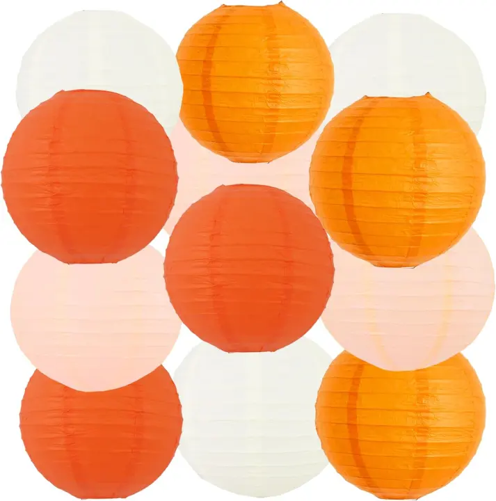 Orange Mix Paper Lanterns — 12-Piece Round Hanging Lanterns